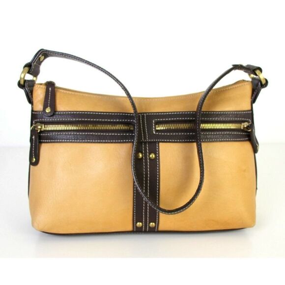 SMALL Tignanello TAN BEIGE BROWN GENUINE LEATHER HOBO HANDBAG PURSE SHOULDER BAG - Picture 1 of 12